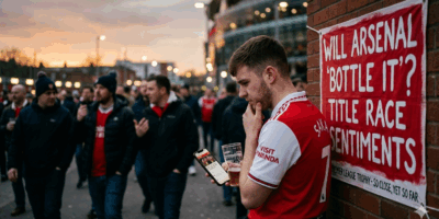 A concerned Arsenal fan checks his phone with a banner asking if Arsenal will 'bottle' the league title in the background.