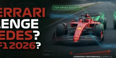 Ferrari vs Mercedes banner image with two cars racing