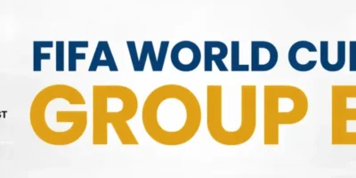 A horizontal FIFA World Cup Group E banner featuring a white stadium background with a faint soccer ball pattern. On the left side, the flags of Germany, Curacao, Ivory Coast and Ecuador are stacked vertically next to their respective country names. The center of the image displays 