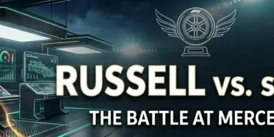 Russell vs Antonelli banner, showing technical team garage in the background