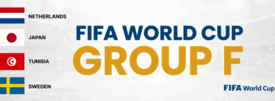 World Cup Group F graphic showing the Netherlands, Japan, Tunisia and Sweden with their national flags.