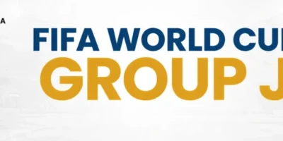 A horizontal FIFA World Cup Group J banner featuring a white stadium background with a faint soccer ball pattern. On the left side, the flags of Argentina, Austria, Algeria and Jordan are stacked vertically next to their respective country names. The center of the image displays 