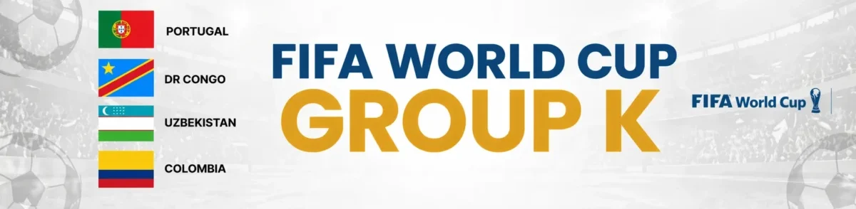 World Cup Group K graphic showing Portugal, DR Congo, Uzbekistan and Colombia with their national flags.