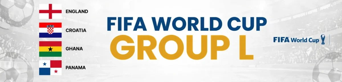 World Cup Group L graphic showing England, Croatia, Ghana and Panama with their national flags.