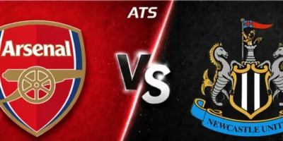 Wide split-screen sports banner showing Arsenal vs Newcastle United: Arsenal crest on a red textured background on the left, Newcastle United crest on a dark textured background on the right, with a glowing “VS” in the center and “ATS” text above.