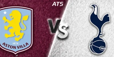 Wide horizontal match preview banner showing Aston Villa vs Tottenham Hotspur, split diagonally with claret and light gray textured backgrounds. Aston Villa’s crest is on the left, Spurs’ cockerel logo on the right, with a glowing “VS” in the center and “ATS” text at the top.