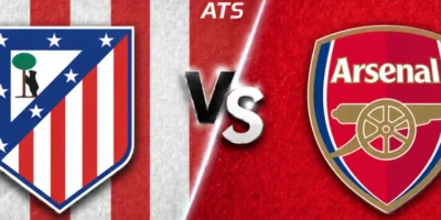 Atlético Madrid vs Arsenal match banner with a split design: Atlético crest on a red-and-white striped background on the left, Arsenal crest on a solid red textured background on the right, and a glowing “VS” with “ATS” centered above.