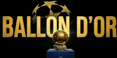 Ballon D'Or banner image with the trophy at the center on a black background.
