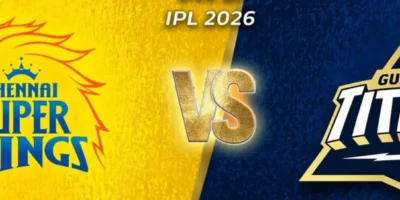 Wide IPL matchup graphic with a diagonal split background—bright yellow on the left for Chennai Super Kings and deep navy blue on the right for Gujarat Titans. Each side features its team logo prominently, with a glowing gold “VS” in the center and “ATS IPL 2026” text above. Subtle star icons appear in the upper corners, and the overall design has a textured, high-energy sports poster style.