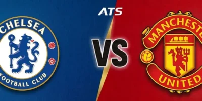 Chelsea vs Manchester United April 18, 2026 match preview graphic with ATS.io branding, Stamford Bridge venue details, and official team badges.