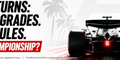 Minimalist F1 2026 hero banner with bold headline “F1 Returns: Big Upgrades, New Rules” and red “New Championship?” tag on the left, featuring a rear-view Formula 1 car with motion streaks on the right, designed for a wide 1200x280 layout