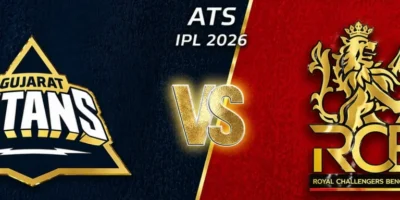 Gujarat Titans vs Royal Challengers Bengaluru IPL 2026 banner with split dark blue and red background, GT logo on the left, RCB logo on the right, and gold “VS” in the center with ATS branding above