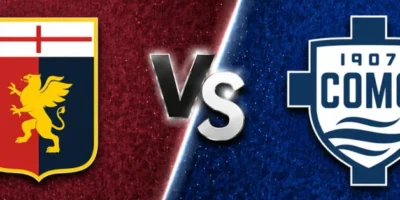 Wide sports matchup banner featuring Genoa vs Como. The left side has a deep red textured background with a large Genoa crest, while the right side features a blue textured background with the Como badge. A glowing “VS” sits in the center dividing both teams, and “ATS” appears at the top in a clean, modern font.