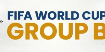 A horizontal FIFA World Cup Group B banner featuring a white stadium background with a faint soccer ball pattern. On the left side, the flags of Canada, Switzerland, Bosnia and Herzegovina, and Qatar are stacked vertically next to their respective country names. The center of the image displays 