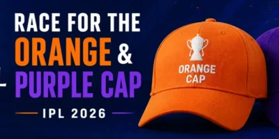 IPL 2026 banner showing race for the Orange and Purple Cap with bold text, IPL logo on the left, and orange and purple caps on a stadium-style blue background