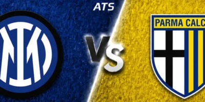 Wide horizontal match preview banner showing Inter vs Parma, split diagonally with blue and yellow textured backgrounds. Inter’s circular crest is on the left, Parma’s shield crest on the right, with a glowing “VS” in the center and “ATS” text at the top.