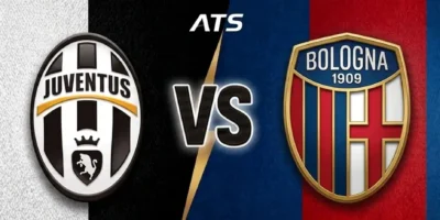 Juventus vs Bologna match preview graphic with ATS logo and silver VS centered. Features the Juventus oval crest on a white fabric background and the Bologna FC 1909 circular crest on a red fabric background.