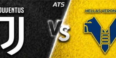 Wide horizontal match preview banner showing Juventus vs Hellas Verona, split diagonally with black and yellow textured backgrounds. Juventus’ logo and name are on the left, Hellas Verona’s crest and name on the right, with a glowing “VS” in the center and “ATS” text at the top.