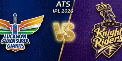 Wide IPL matchup graphic with a diagonal split background—deep blue on the left for Lucknow Super Giants and rich purple on the right for Kolkata Knight Riders. Each side features its team logo prominently, with a glowing gold “VS” in the center and “ATS IPL 2026” text above. Subtle star icons appear in the upper corners, and the overall design has a textured, high-energy sports poster style.
