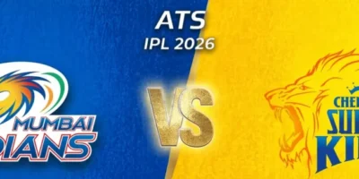 IPL 2026 match banner featuring Mumbai Indians vs Chennai Super Kings, with blue and yellow split background, team logos on each side, and a central “VS” graphic