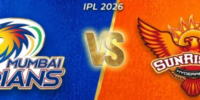 Mumbai Indians vs Sunrisers Hyderabad IPL 2026 banner with split blue and orange background, MI logo on the left, SRH logo on the right, and gold “VS” in the center with ATS branding above