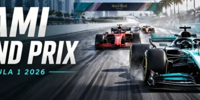 Miami Grand Prix banner with Formula 1 cars racing on a palm-lined street circuit, bold “MIAMI GRAND PRIX” headline, Formula 1 2026 subtitle, and ATS branding on a wide cinematic layout