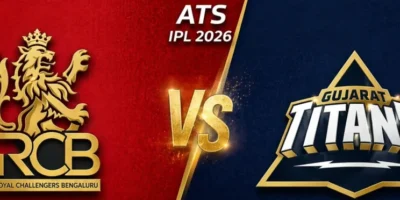 Wide IPL 2026 match banner featuring Royal Challengers Bengaluru vs Gujarat Titans, with a split background—RCB’s textured red on the left and GT’s deep navy blue on the right. Both sides display their gold-accented team logos prominently, with a glowing gold “VS” at the center and “ATS IPL 2026” text above, styled in a sleek, high-contrast sports broadcast design.