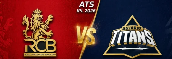 Wide IPL 2026 match banner featuring Royal Challengers Bengaluru vs Gujarat Titans, with a split background—RCB’s textured red on the left and GT’s deep navy blue on the right. Both sides display their gold-accented team logos prominently, with a glowing gold “VS” at the center and “ATS IPL 2026” text above, styled in a sleek, high-contrast sports broadcast design.