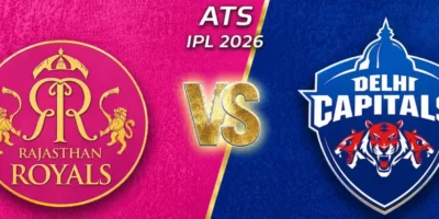 Rajasthan Royals vs Delhi Capitals IPL 2026 banner with split pink and blue background, RR logo on the left, DC logo on the right, and gold “VS” in the center with ATS branding above