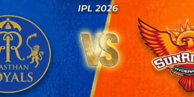 Wide IPL matchup graphic with a diagonal split background—royal blue on the left for Rajasthan Royals and bright orange on the right for Sunrisers Hyderabad. Each side features its team logo prominently, with a glowing gold “VS” in the center and “ATS IPL 2026” text above. Subtle star icons appear in the upper corners, and the design has a textured, high-energy sports poster style.