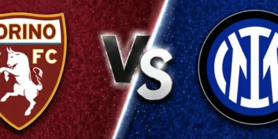 Wide sports matchup banner featuring Torino vs Inter. The left side has a deep maroon textured background with a large Torino FC crest, while the right side features a blue textured background with the Inter Milan logo. A glowing “VS” sits in the center dividing both teams, and “ATS” appears at the top in a clean, modern font.