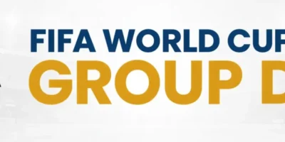 FIFA World Cup Group D banner featuring USA, Paraguay, Australia, and Turkiye with national flags on the left, bold central title text, and a stadium background