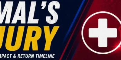 A wide, horizontal sports news banner with a dark navy-to-red split background. On the left, bold distressed text reads “YAMAL’S INJURY” in white and yellow, with a smaller subtitle below stating “Latest Updates, Impact & Return Timeline.” On the right, a large white medical cross icon sits over a red background with a faint, stylized football club crest pattern. The design features diagonal lines, subtle textures, and glowing accents for a modern, high-impact look.