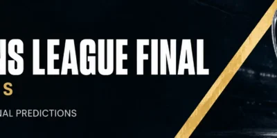 Champions League Final staff picks banner with bold white and gold text on a dark stadium-style background, featuring a silver European trophy on the right and a gold diagonal accent.