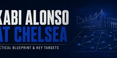 Minimalist dark blue banner reading “Xabi Alonso at Chelsea: Tactical Blueprint & Key Targets,” featuring a stylised Stamford Bridge outline, football tactics board markings, and precise target-style graphic elements.