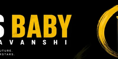 Black and yellow minimalist cricket banner with bold “Boss Baby Sooryavanshi” text, abstract stumps graphic, yellow brushstroke circle, and modern sports feature styling.