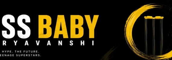 Black and yellow minimalist cricket banner with bold “Boss Baby Sooryavanshi” text, abstract stumps graphic, yellow brushstroke circle, and modern sports feature styling.