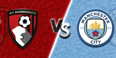 Bournemouth vs Manchester City match banner with both club crests on split red and light blue textured backgrounds, separated by a glowing diagonal line and a metallic VS graphic in the center.
