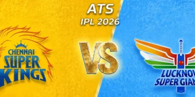 IPL 2026 cricket match banner featuring Chennai Super Kings versus Lucknow Super Giants in a bold split-screen design. The left side uses a textured bright yellow background with the roaring Chennai Super Kings lion logo in yellow and blue, while the right side features a textured light blue background with the Lucknow Super Giants winged emblem. A glowing gold “VS” graphic sits in the center beneath “ATS IPL 2026” text, divided by a diagonal gold stripe. Small navy star icons appear in the upper corners, creating a vibrant, high-energy promotional sports poster optimized for wide banner cropping.
