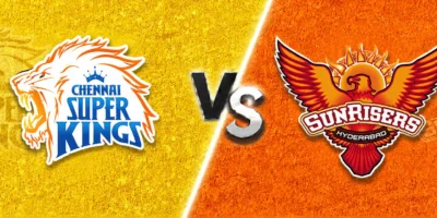 Chennai Super Kings vs Sunrisers Hyderabad match banner with both team logos on split yellow and orange textured backgrounds, separated by a glowing diagonal line and a metallic VS graphic in the center.