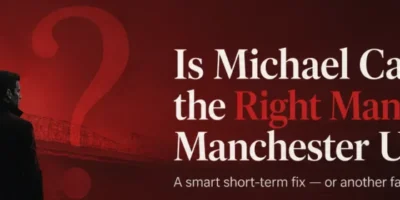 Minimalist Manchester United editorial banner questioning whether Michael Carrick is the right long-term manager, with a dark red stadium backdrop, tactical graphics, and bold headline text.
