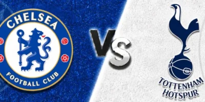 Chelsea vs Tottenham Hotspur match banner with both club crests on split blue and white textured backgrounds, separated by a glowing diagonal line and a metallic VS graphic in the center.
