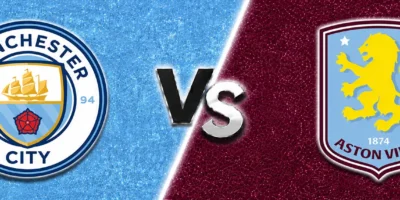Manchester City vs Aston Villa match prediction banner with the City crest on a light blue textured background and the Villa crest on a claret background, divided by a bold central “VS” graphic.