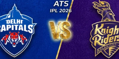 IPL 2026 match banner featuring Delhi Capitals versus Kolkata Knight Riders in a wide cinematic layout designed for easy cropping to 1200 x 250. The left side uses a textured deep blue background with the large Delhi Capitals crest, while the right side features a rich purple backdrop with the Kolkata Knight Riders logo in gold and purple. A glowing gold “VS” sits in the center with “ATS IPL 2026” text above it, separated by a diagonal gold divider. White and gold stars decorate the top corners, giving the graphic a premium, energetic cricket-promo style.