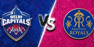 Delhi Capitals vs Rajasthan Royals match banner with both team logos on split blue and pink textured backgrounds, separated by a glowing diagonal line and a metallic VS graphic in the center.