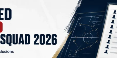 Banner for confirmed England World Cup Squad 2026 article, featuring bold England-themed text, a squad checklist with shock exclusions marked in red, tactical board graphics, and a World Cup trophy silhouette.