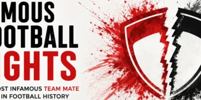 Minimalist football fights banner with bold black and red typography, broken shield graphic, paint splatter effects, and subtitle about infamous teammate fights in football history.