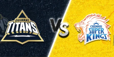 Gujarat Titans vs Chennai Super Kings match banner with both team logos on split navy and yellow textured backgrounds, separated by a glowing diagonal line and a metallic VS graphic in the center.