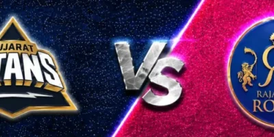 Gujarat Titans vs Rajasthan Royals IPL matchup banner with team logos on a split navy and pink textured background.