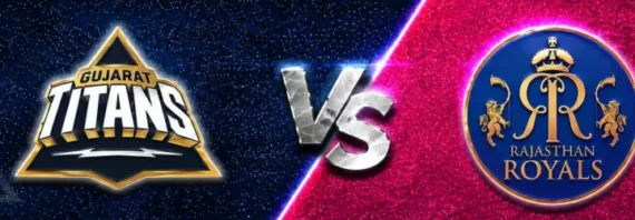 Gujarat Titans vs Rajasthan Royals IPL matchup banner with team logos on a split navy and pink textured background.